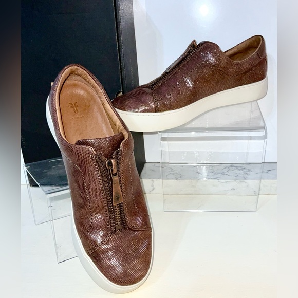 FRYE Lena Low Zip Multi Metallic Brown Leather Zip Sneakers 9M Worn 3 Times wBox - Picture 3 of 16